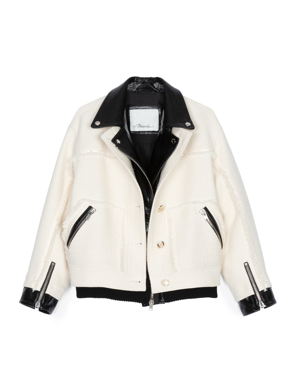 Tweed Hybrid Moto Jacket With Leather Combo Ivory-Blk