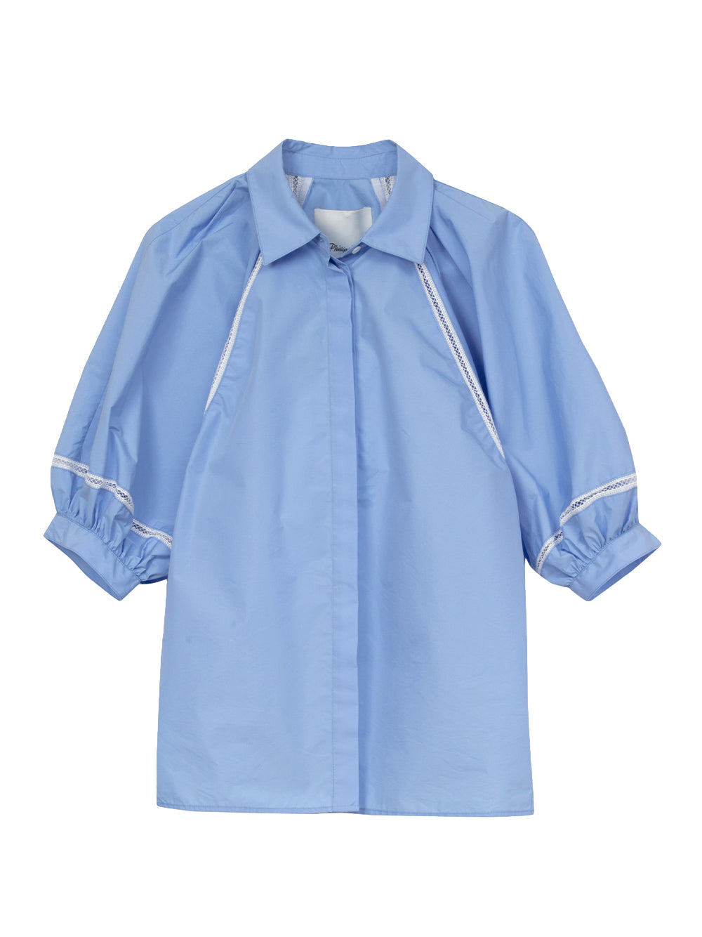 Lantern Sleeve Shirt With Lattice Trim (Oxford Blue)