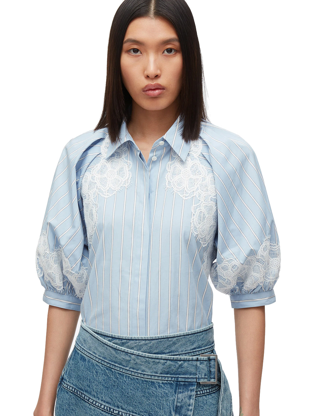 Lantern Sleeve Shirt with Lace (Oxford Blue)