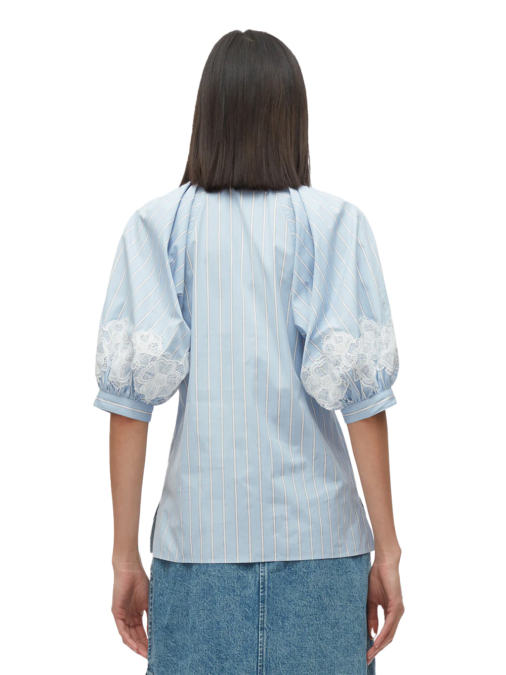 Lantern Sleeve Stripe Shirt with Lace (Oxford Blue Multi)