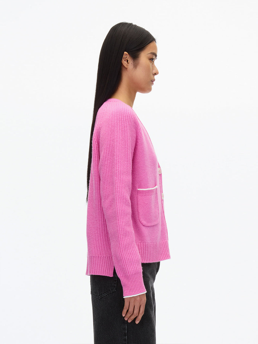 Relaxed Cardigan with Contrast Trims (Hot Pink)