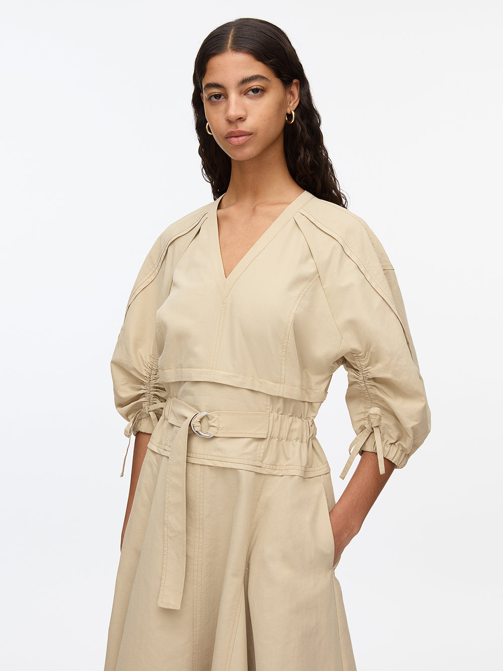 V-Neck Dress With Gathered Sleeves (Sand)