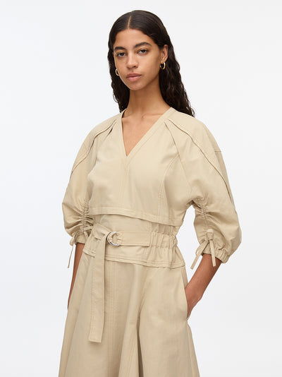 V-Neck Dress With Gathered Sleeves (Sand)