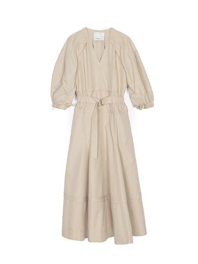 V-Neck Dress With Gathered Sleeves (Sand)