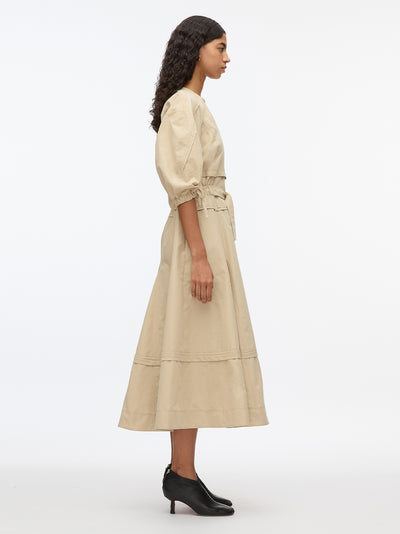 V-Neck Dress With Gathered Sleeves (Sand)