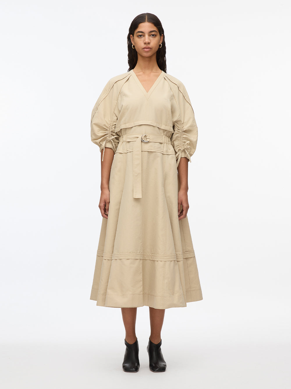 V-Neck Dress With Gathered Sleeves (Sand)
