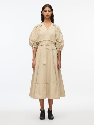 V-Neck Dress With Gathered Sleeves (Sand)