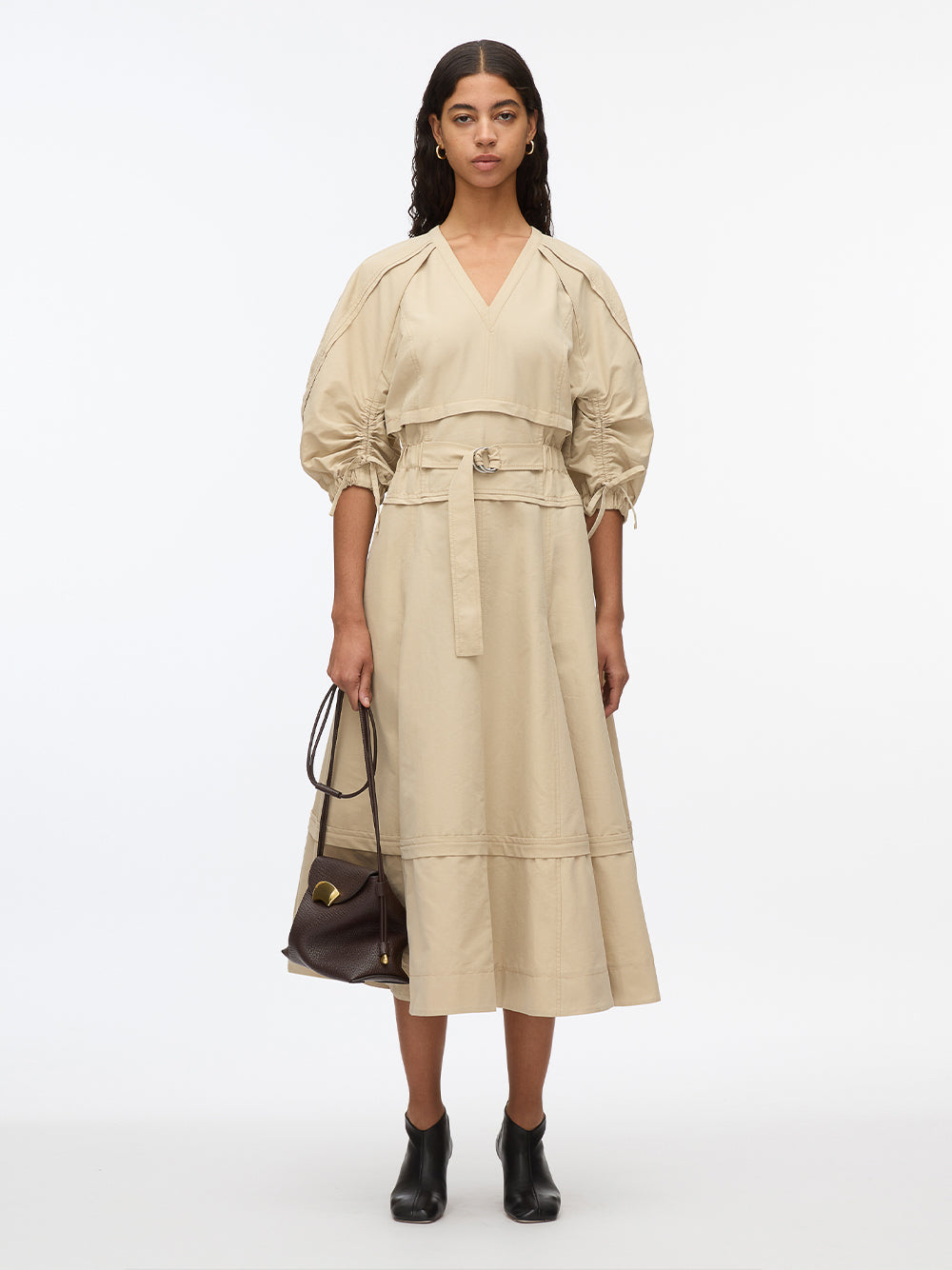 V-Neck Dress With Gathered Sleeves (Sand)
