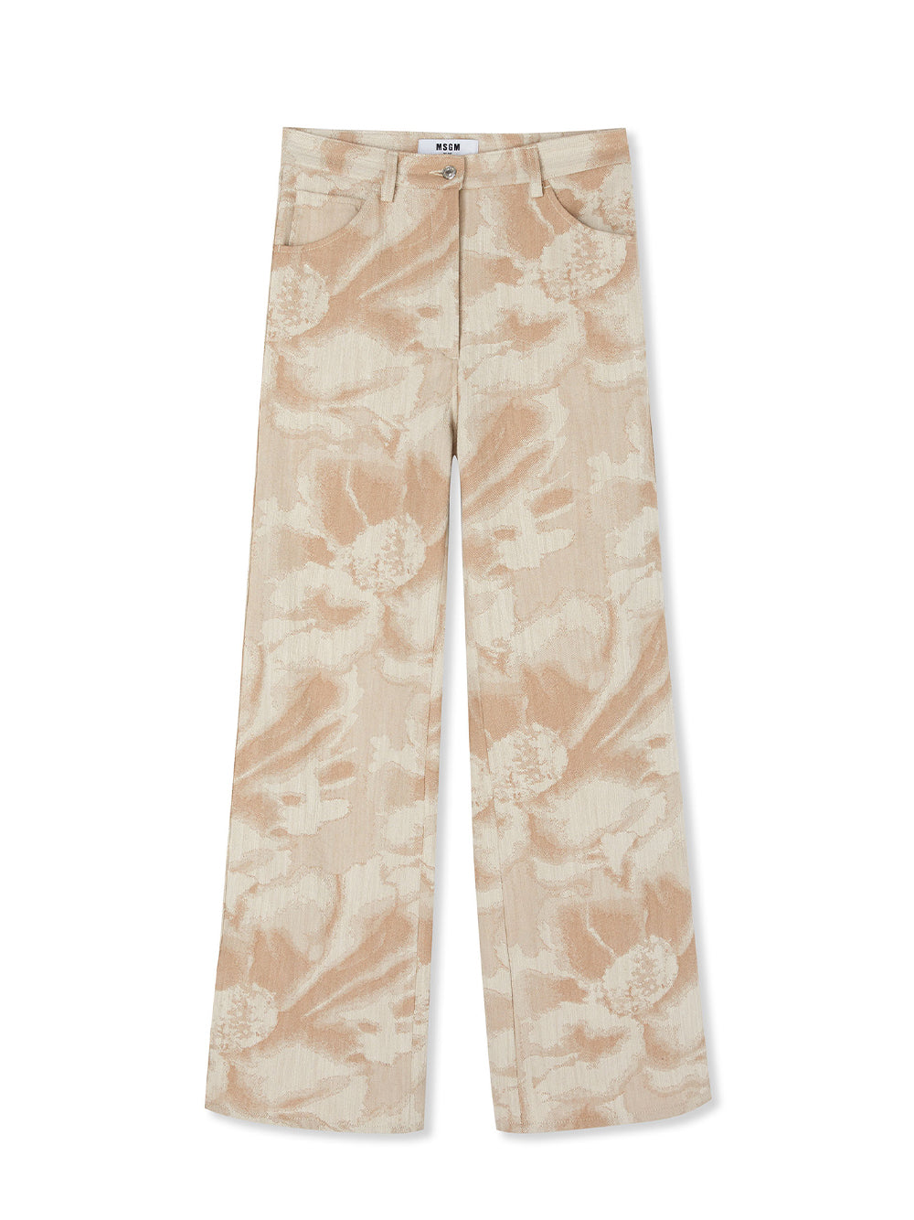 Jacquard Fabric Pants with 5 Pockets and Large Daisy Design (Sand)