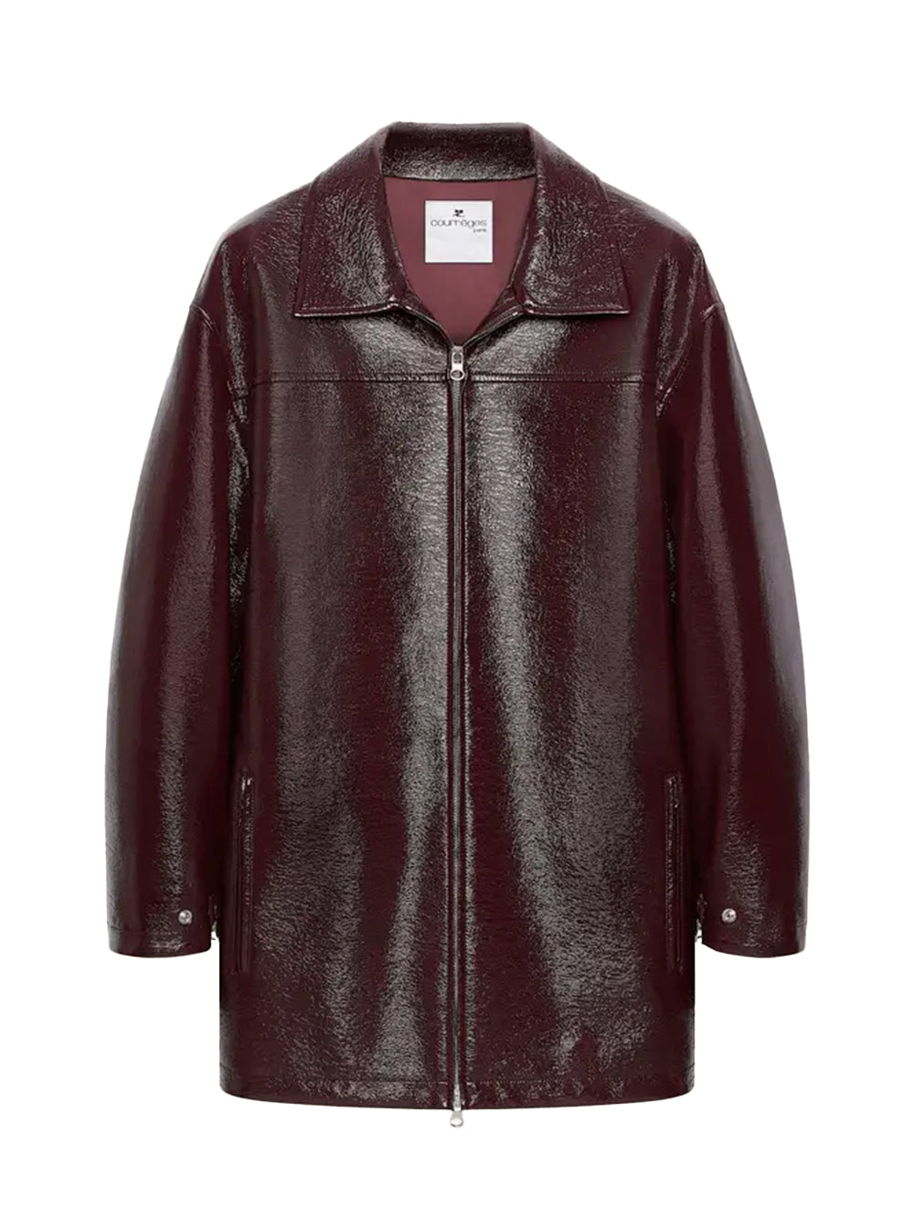 Zipped Vinyl Maxi Bomber Jacket Burgundy