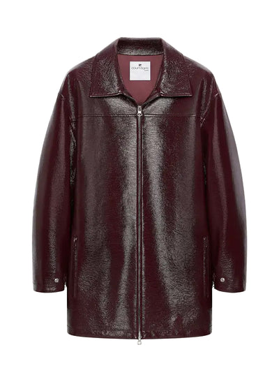 Zipped Vinyl Maxi Bomber Jacket Burgundy