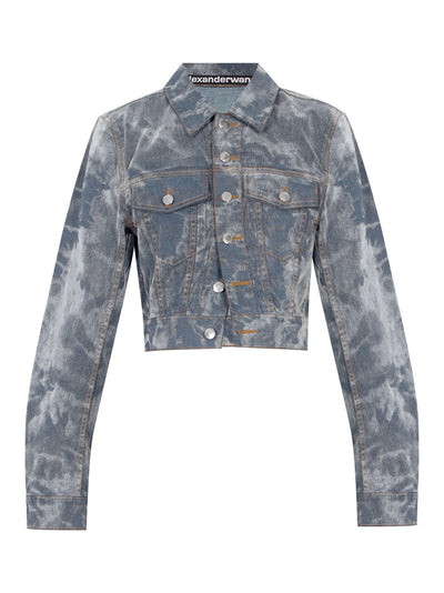 Slim Flocked Trucker Jacket with Lasered Cloud Print (Washed Smoke White)