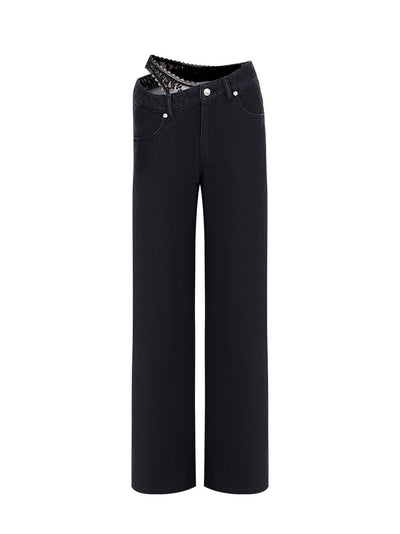 Pre-Styled Denim Jeans with Asymmetrical Lace Waistband (Washed Black)