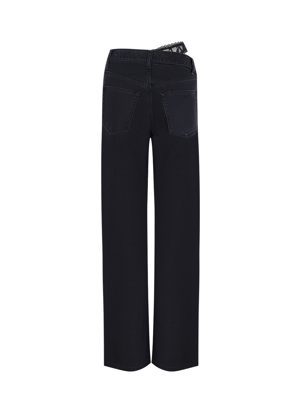 Pre-Styled Denim Jeans with Asymmetrical Lace Waistband (Washed Black)