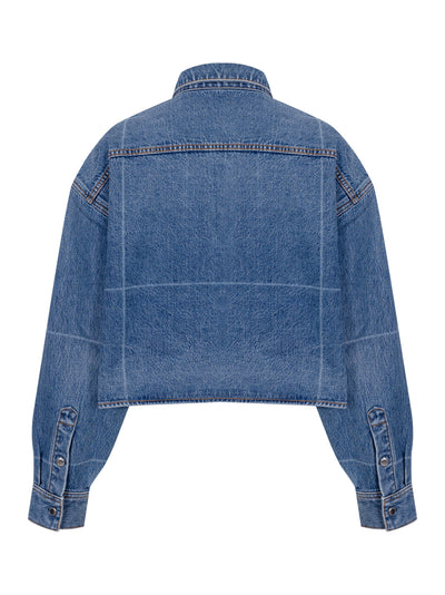 Foldline Denim Cropped Shirt (Vintage Marbled Blue)