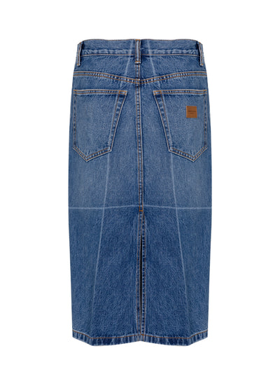 Foldline Denim Midi Skirt (Vintage Marbled Blue)