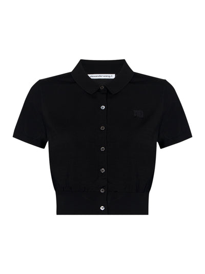 Short Sleeve Polo Cardigan With Embro Black