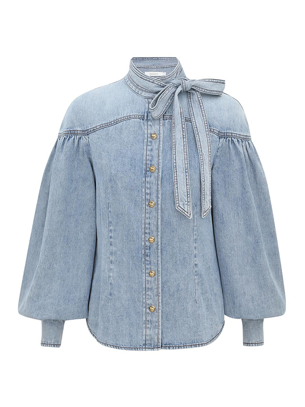 Denim Tie Neck Blouse Dawn Blue