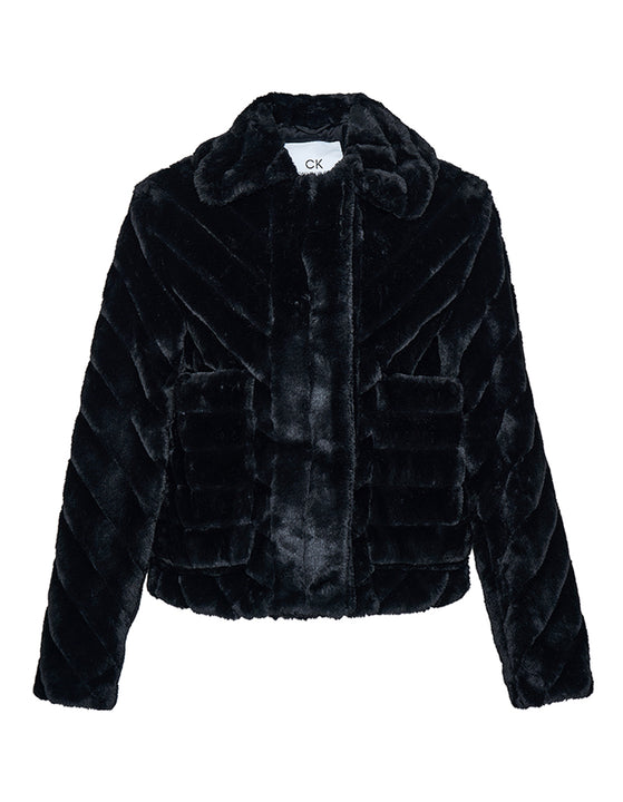 Eco Striped Fur Cropped Jacket Black
