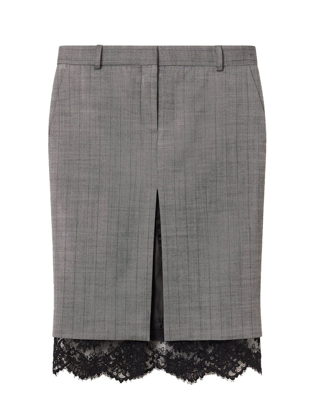 Lace-Trimmed Pinstripe Midi Skirt (Grey)