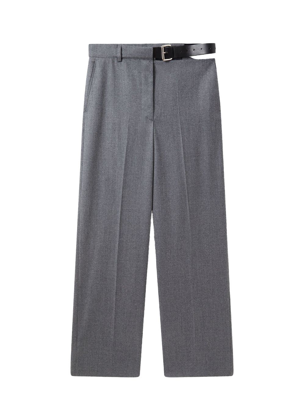 Belted Flannel Straight-Leg Trousers Grey Melange