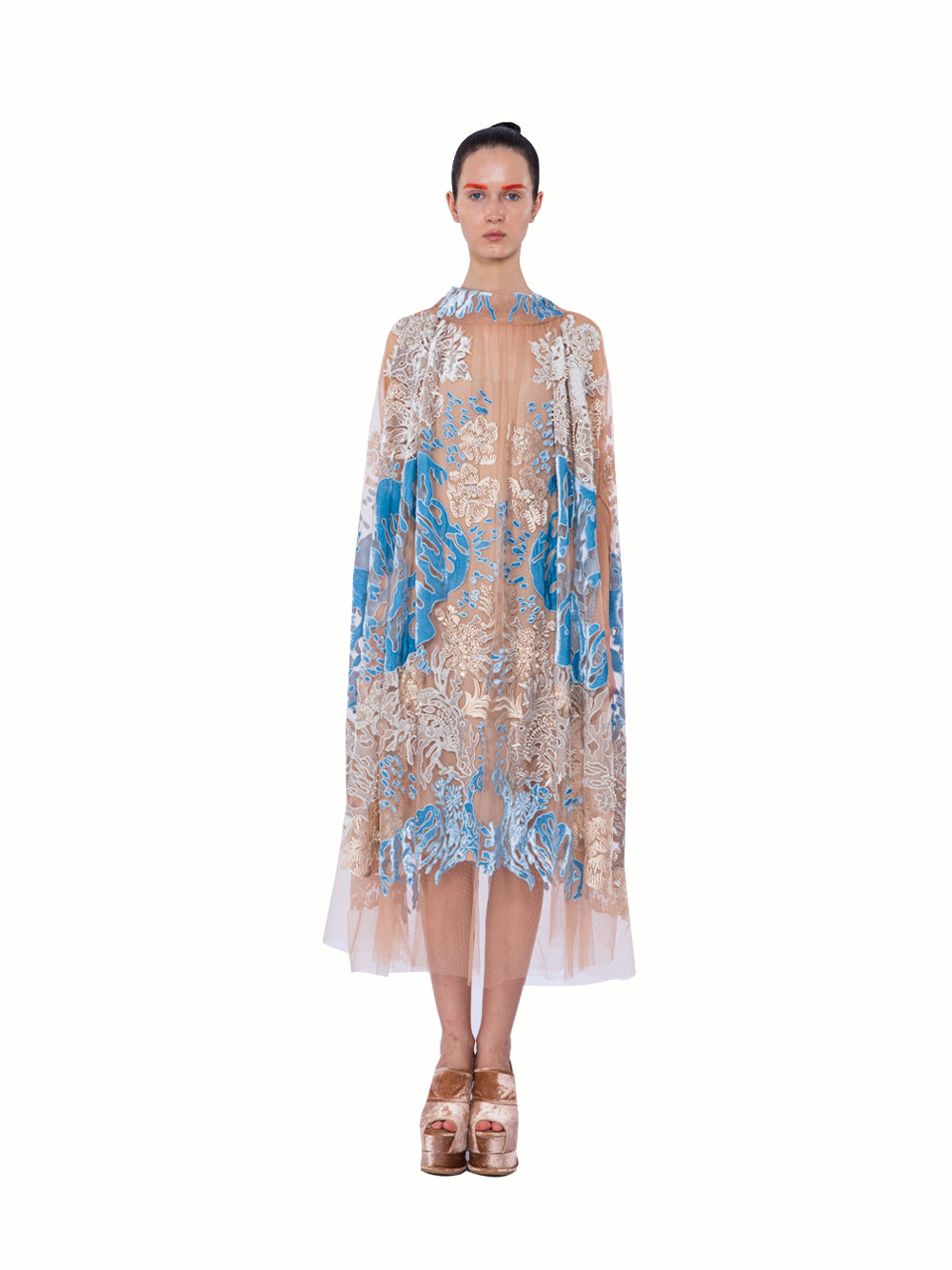 Low Back Collar Tulle Midi Dress Blush-blue