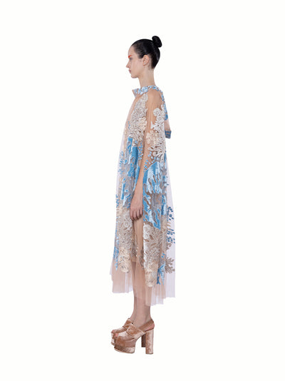 Low Back Collar Tulle Midi Dress Blush-blue
