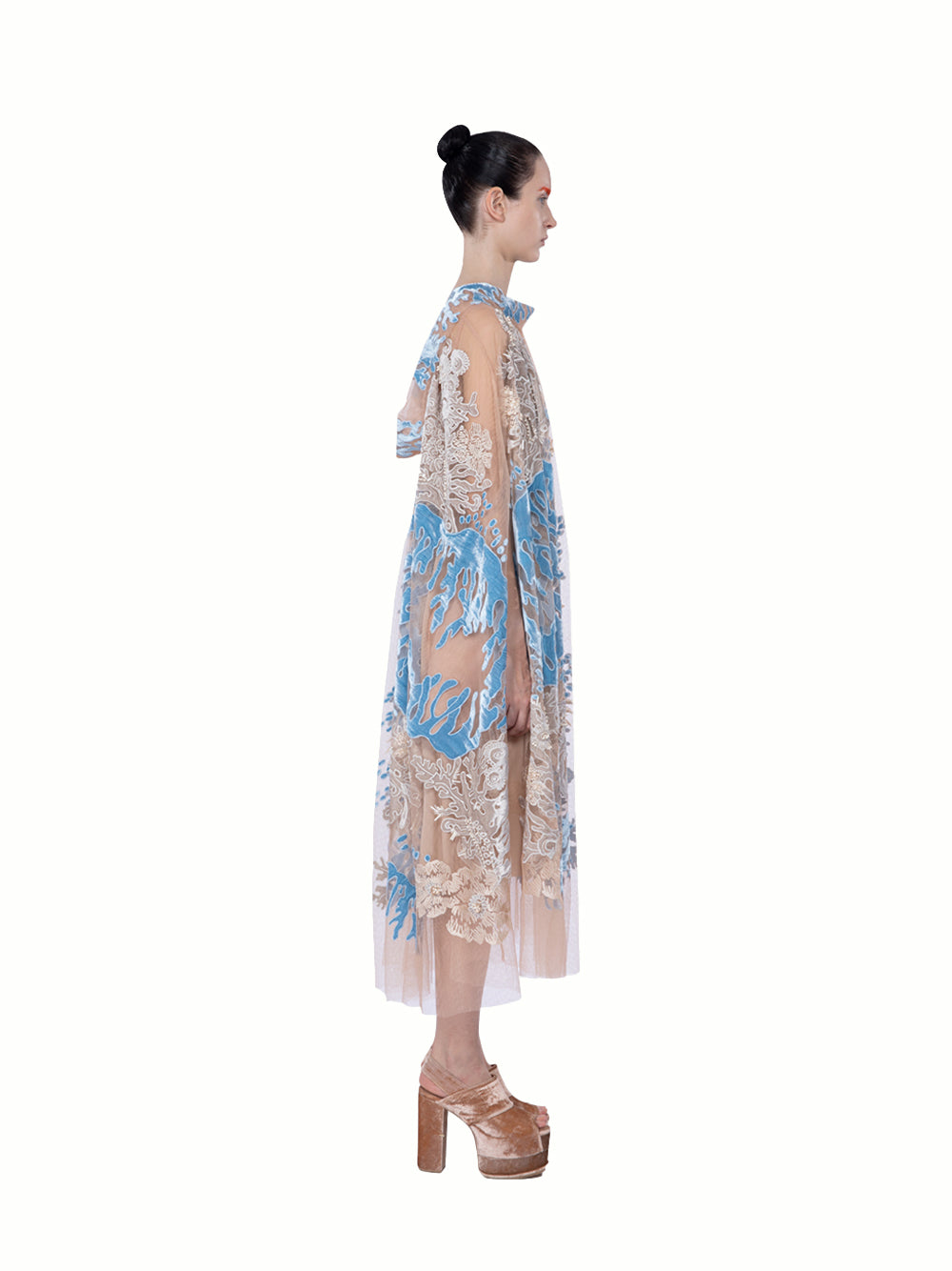 Low Back Collar Tulle Midi Dress Blush-blue