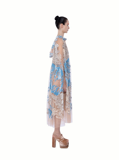 Low Back Collar Tulle Midi Dress Blush-blue