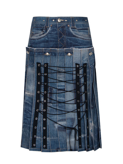 Denim Trompe L`Oeil Pleats Long Skirt Blue