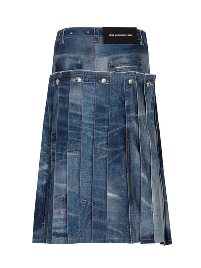 Denim Trompe L`Oeil Pleats Long Skirt Blue