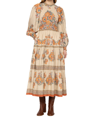 Fiorella Border Print Long Sleeve Smocked Dress (D1) Blossom