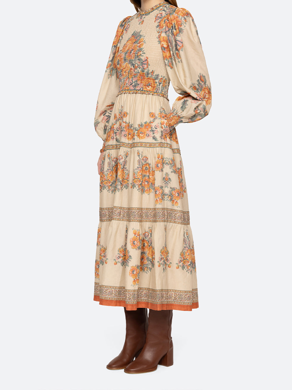 Fiorella Border Print Long Sleeve Smocked Dress (D1) Blossom