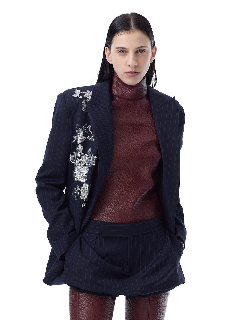 Pinstripe Wool Blazer With Sequin Embroidery Navy Pinstripe