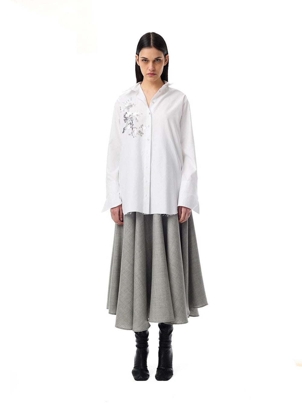 Oxford Loose Fit Shirt With Sequin Embroidery White