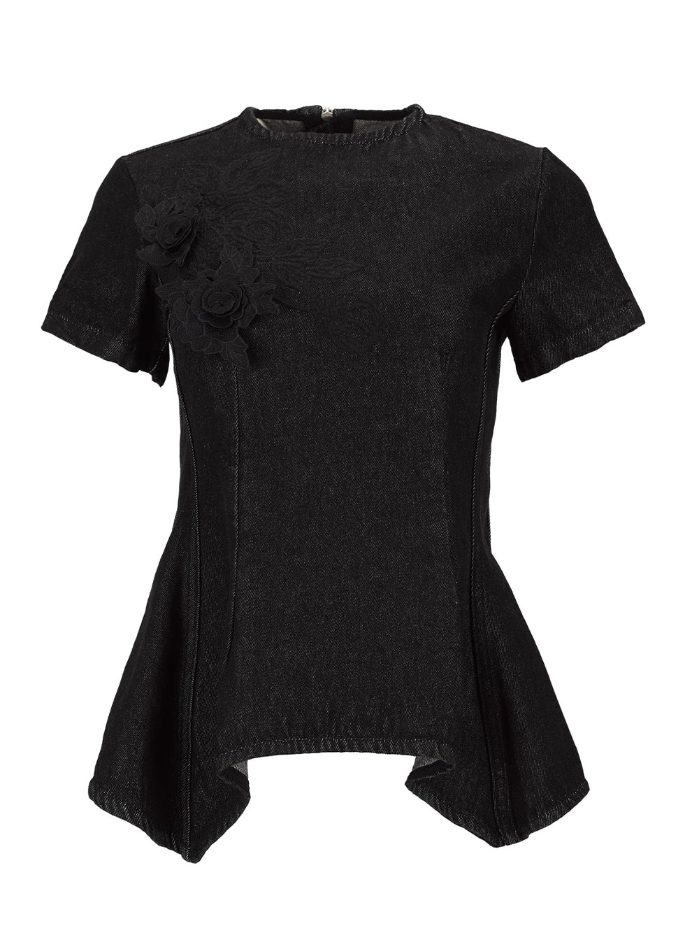 Embroidered Black Denim Cap Sleeve Peplum Top Black