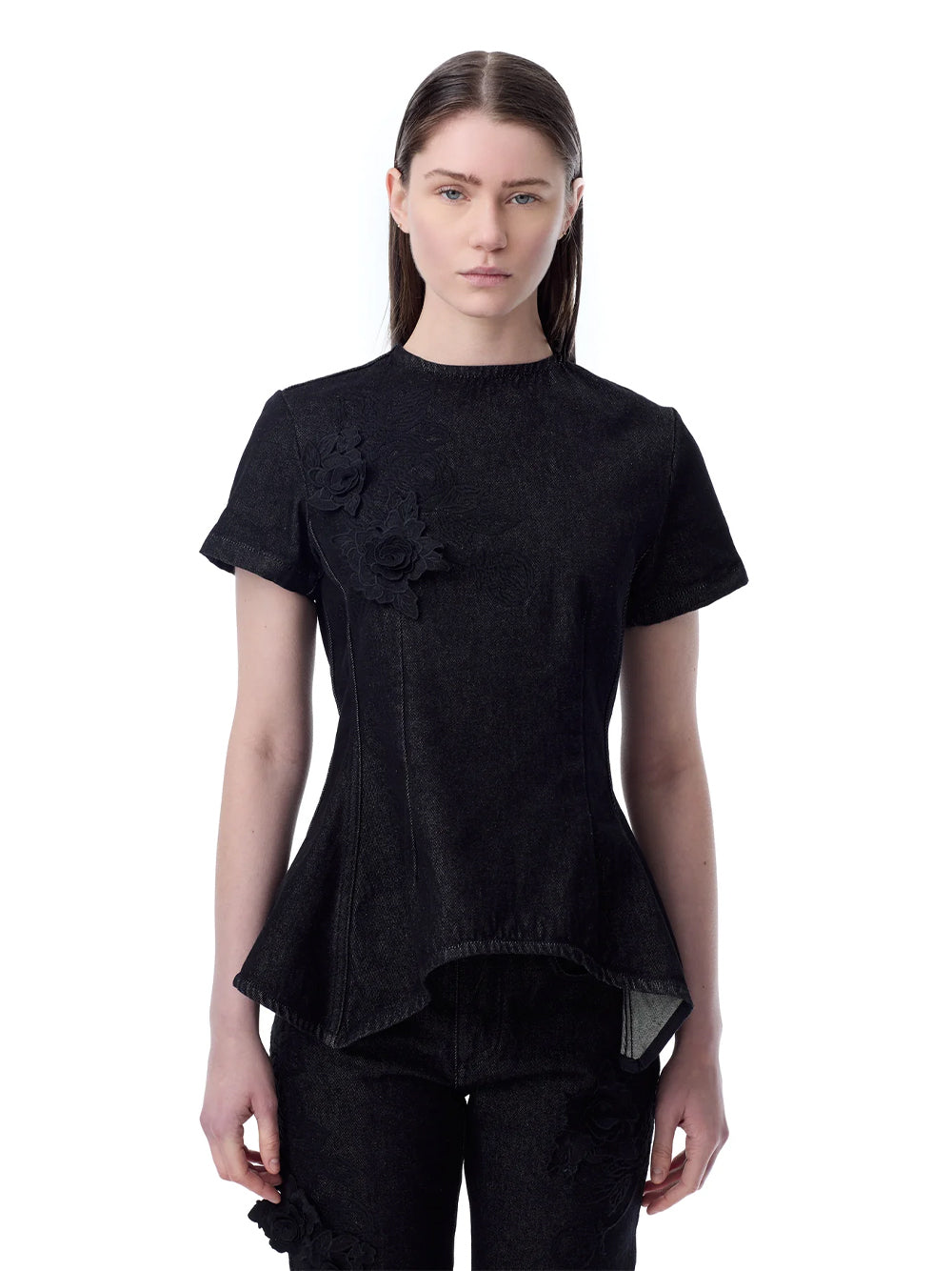 Embroidered Black Denim Cap Sleeve Peplum Top Black
