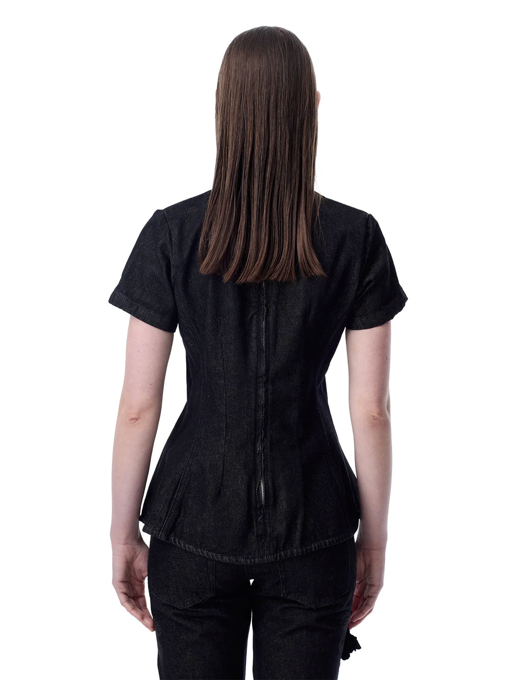 Embroidered Black Denim Cap Sleeve Peplum Top Black