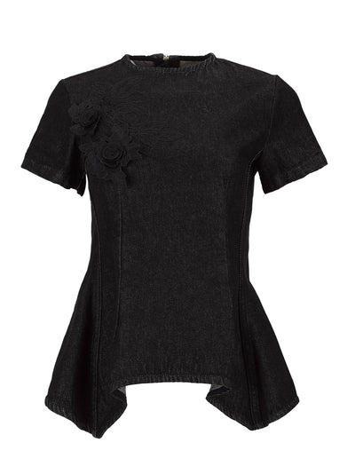 Embroidered Black Denim Cap Sleeve Peplum Top Black