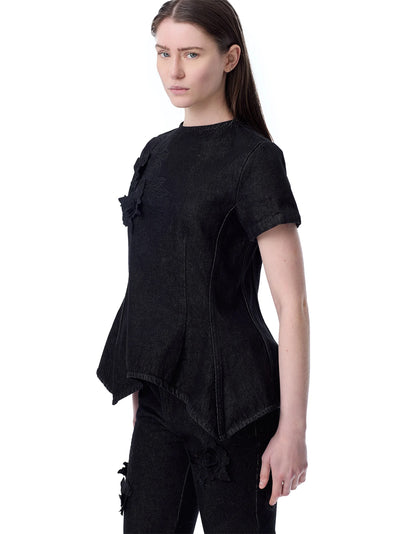 Embroidered Black Denim Cap Sleeve Peplum Top Black