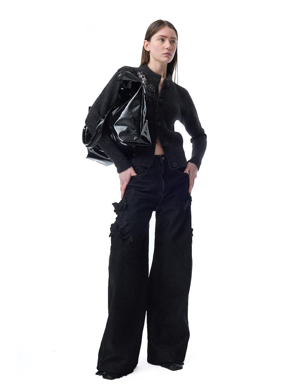 Embroidered Black Denim Boyfriend Jeans Black