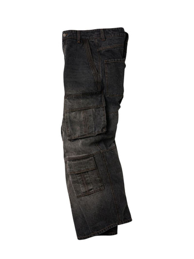 Curved Wide Cargo Denim Pants Charcoal