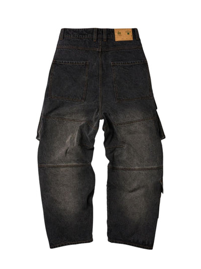 Curved Wide Cargo Denim Pants Charcoal