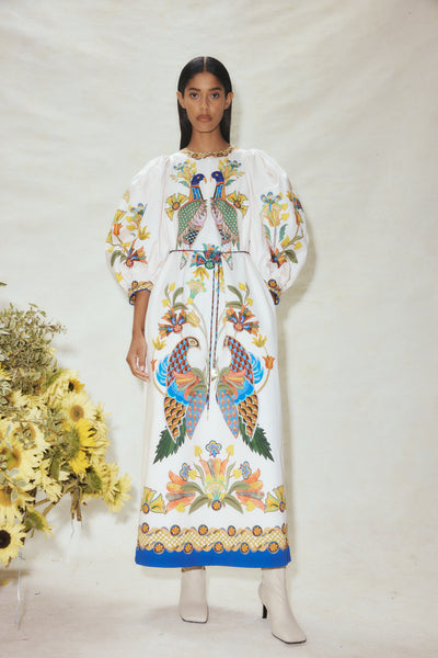 Effie Puff Sleeve Midi Dress (Pearl)