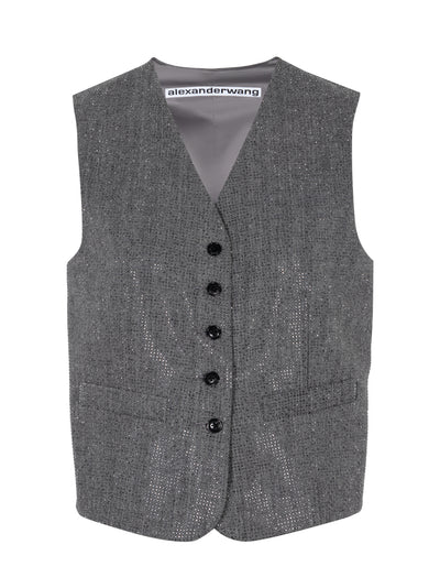 Collarless Vest In Herringbone Tailoring (Grey/Black)
