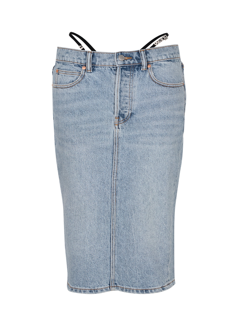 Diamanté Thong Midi Skirt In Denim (Vintage Fade)