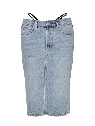 Diamanté Thong Midi Skirt In Denim (Vintage Fade)