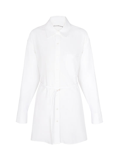 Shirt Dress With Tie Waist And Logo Embroidery (White)