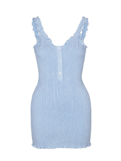Smocked Tank Dress With Front Button Placket (Chambray Blue)