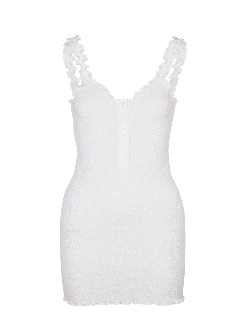 Smocked Tank Dress With Front Button Placket (White)